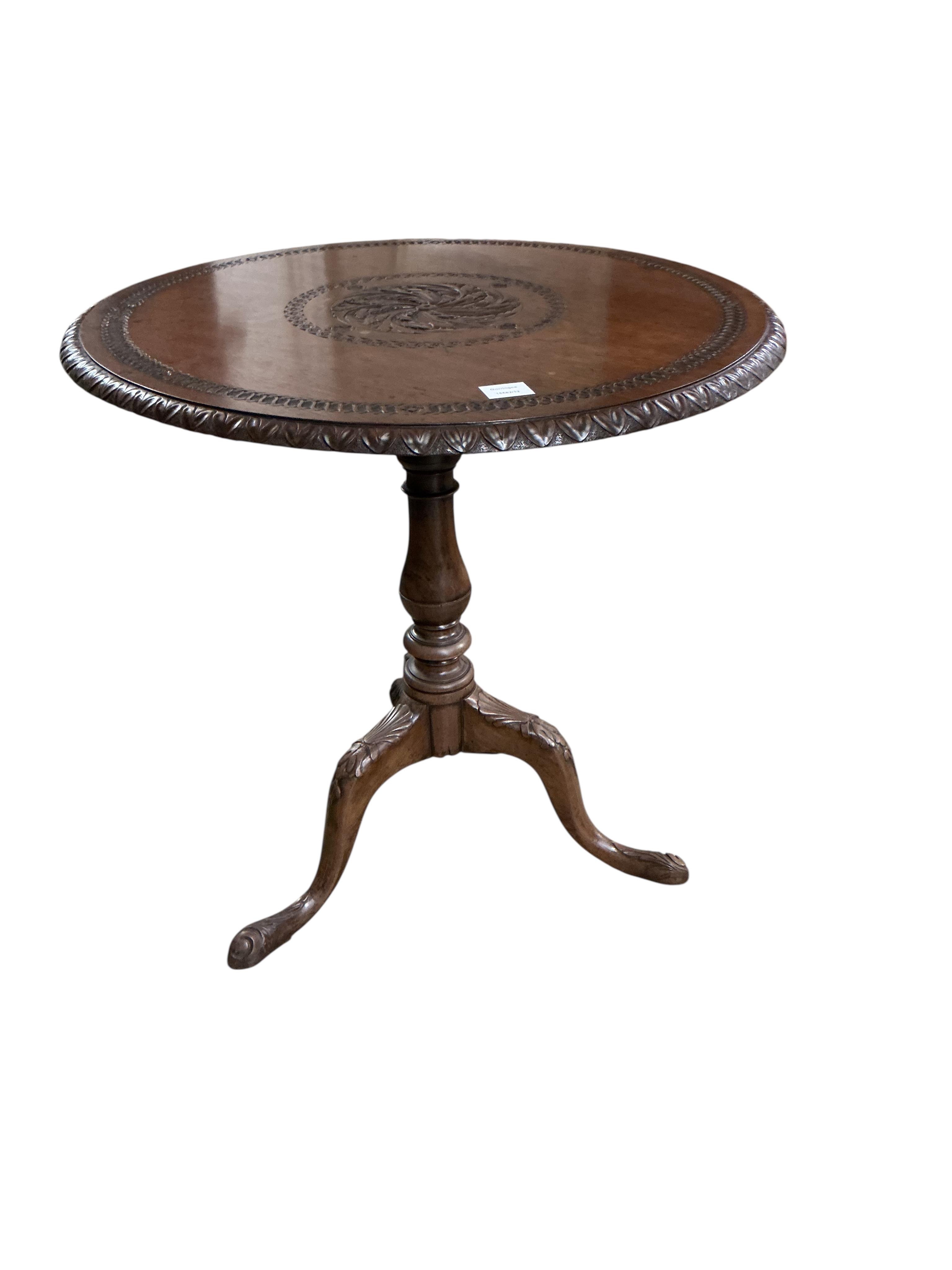 A George III and later mahogany circular tripod tea table, the carving later, diameter 73cm, height 73cm
